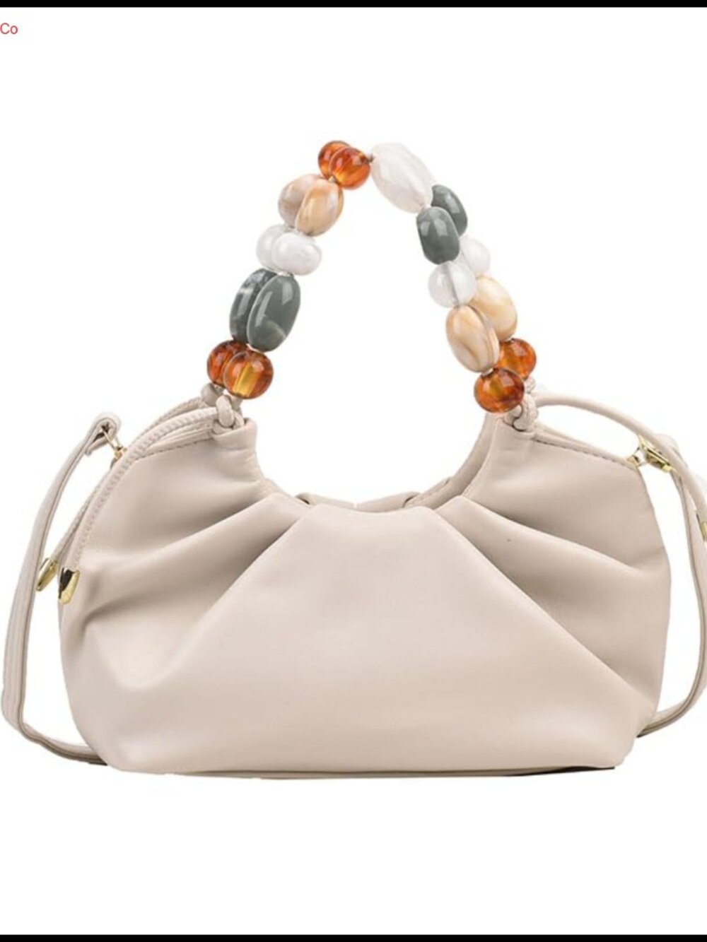 Vegan Leather Top Handle Handbag with Colorful Beads Detachable Strap
